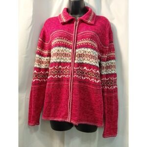 Tiara Vintage Fair Isle‎ Zip Up Knit Sweater Dark Pink Size L